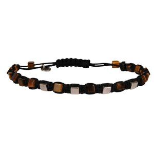 Tateossian London Black Rope Bracelet Brown Silver Tan Square Tile Beads